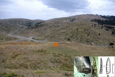Figure 6. The small basin north of Samarina, photographed from the west; the orange dot marks the place where the microlithic backed point was recovered (HCF-2); Mount Kirkuri is in the background (photographs by P. Biagi and E. Starnini).